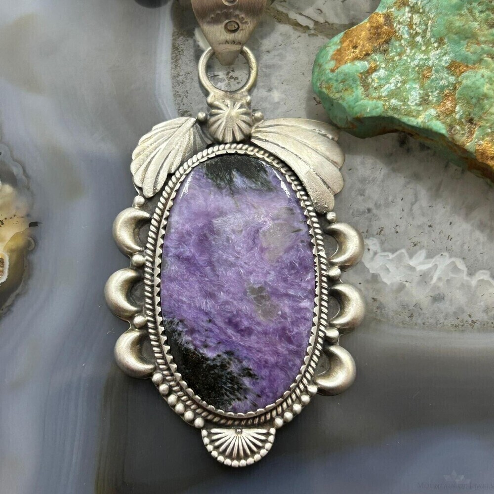 Sterling Silver Southwestern Style Oval Charoite Decorated Pendant For Women - Picture 6 of 10